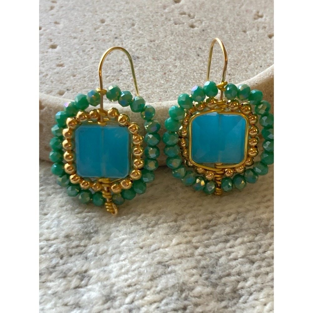 Artisan Beaded Earrings Teal Blue Green Faceted Beads Gold Tone Hook Romantic